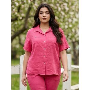 NWOT Jordan Women’s LINEN Fuchsia Pink Button-Up Short Sleeve Top Blouse Size 16